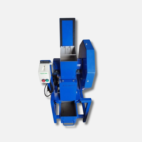 Front view of a blue jaw crusher showing the feed opening and collection tray